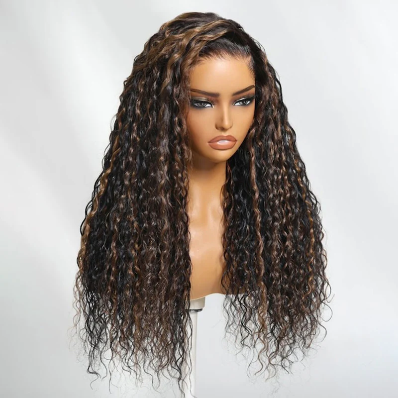 Glueless Golden Brown Highlight Wig Water Wave Curly Lace Closure Wig