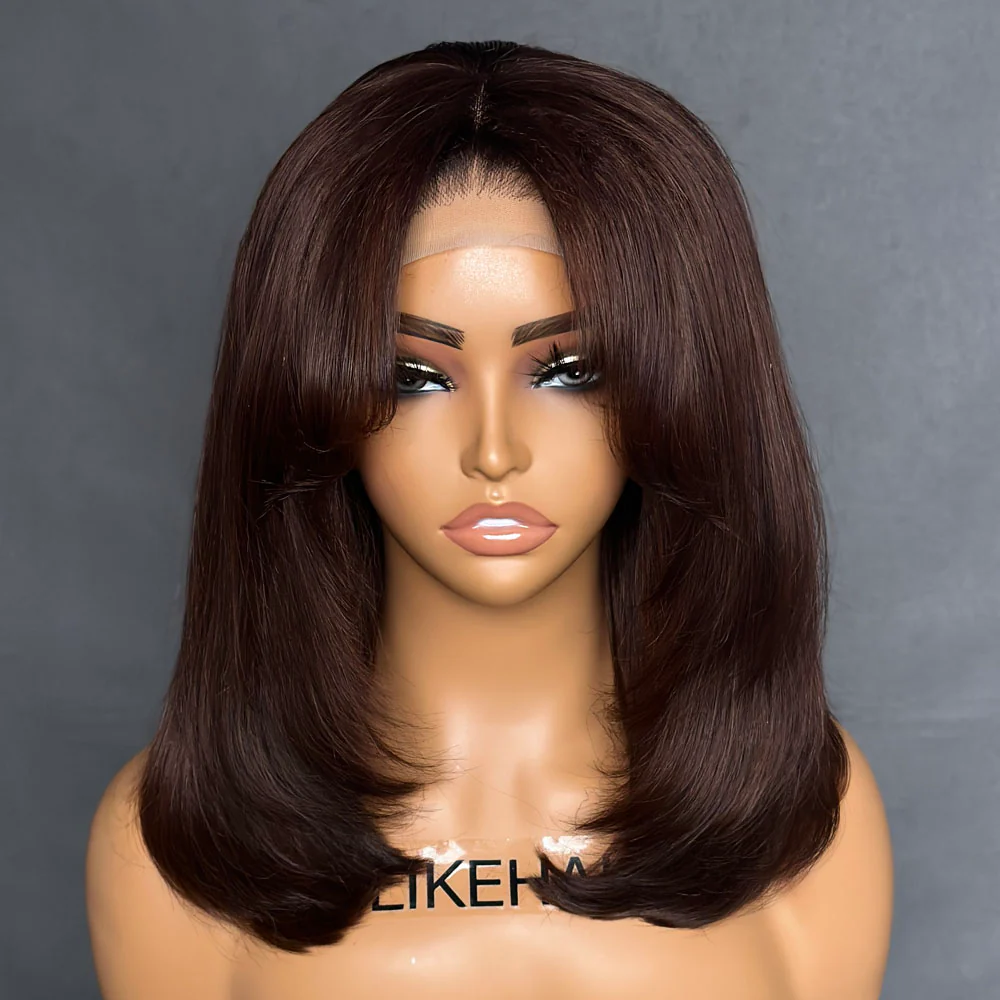 Chocolate Brown Layered Cut With Curtain Bangs Lace Closure Wig