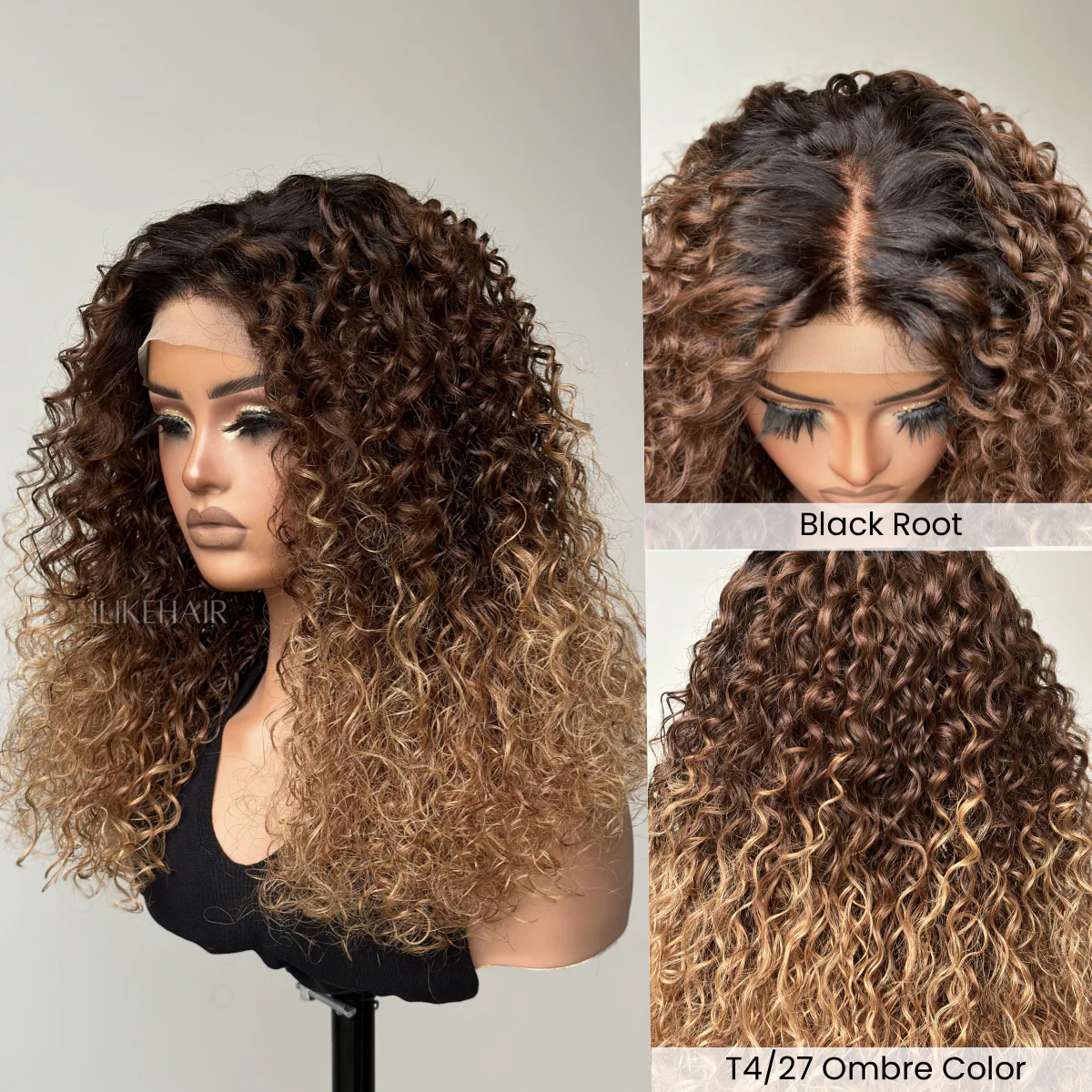 T4/27 Ombre Blonde With Black Root Water Wave 6x6 Lace Closure Wig
