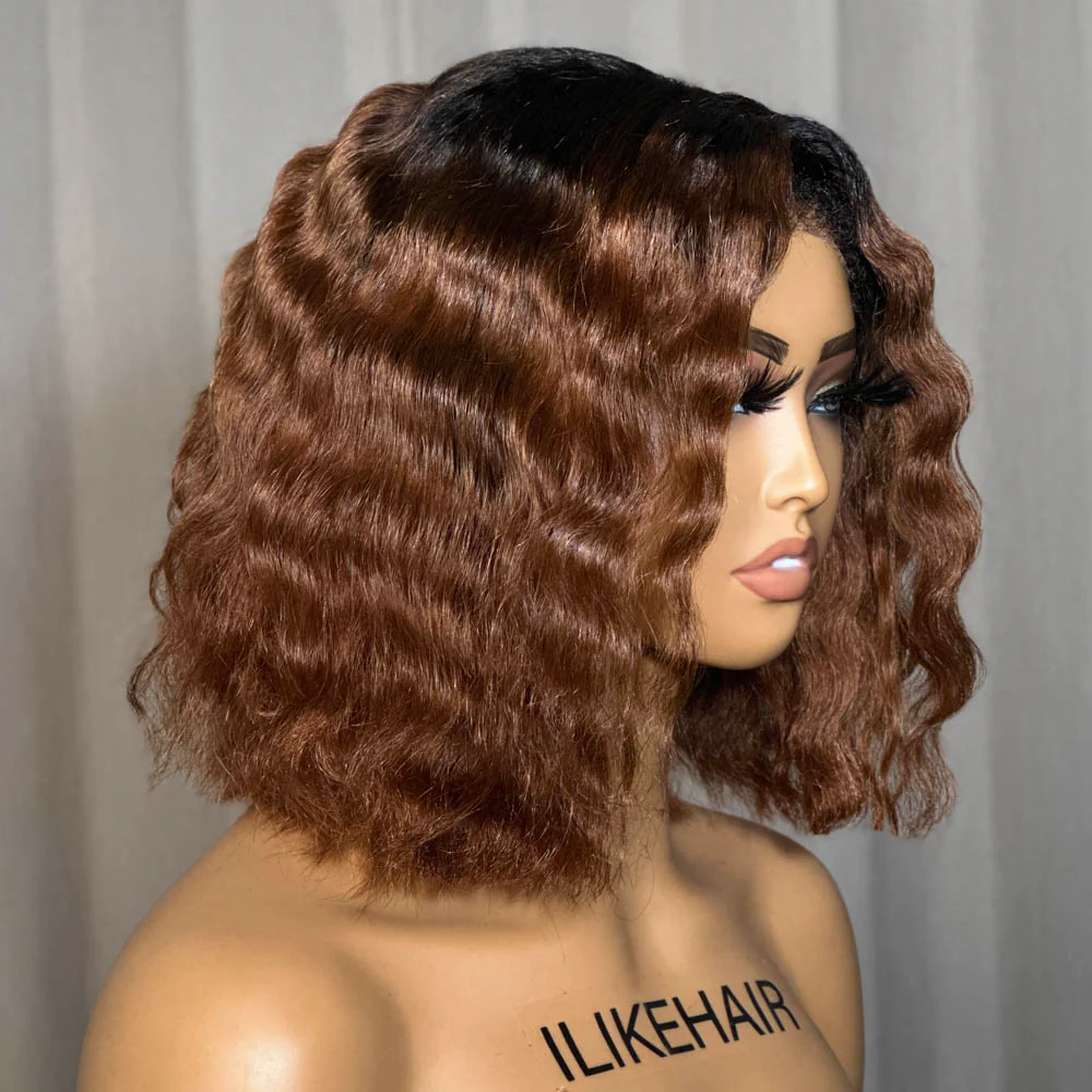 Put On & Go Ombre Brown Wavy Pre Cut 5x5 HD Lace Bob With Kinky Edges Wig