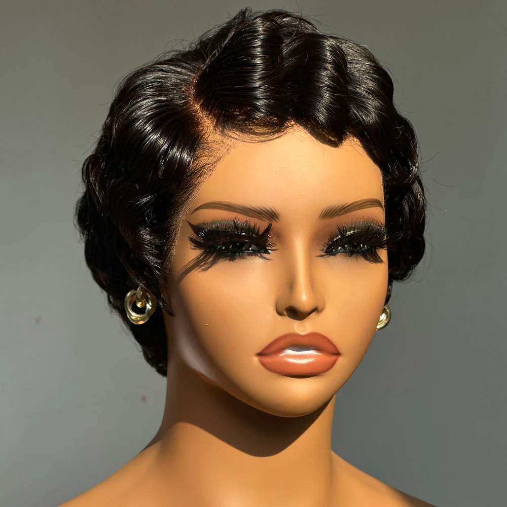 Short Pixie Cut Finger Wave Human Hair 13x4 Lace Front Wig
