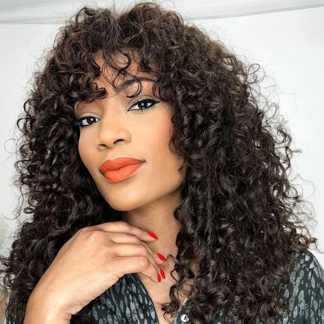 Short Loose Bouncy Curly Human Hair With Bangs Glueless Wig