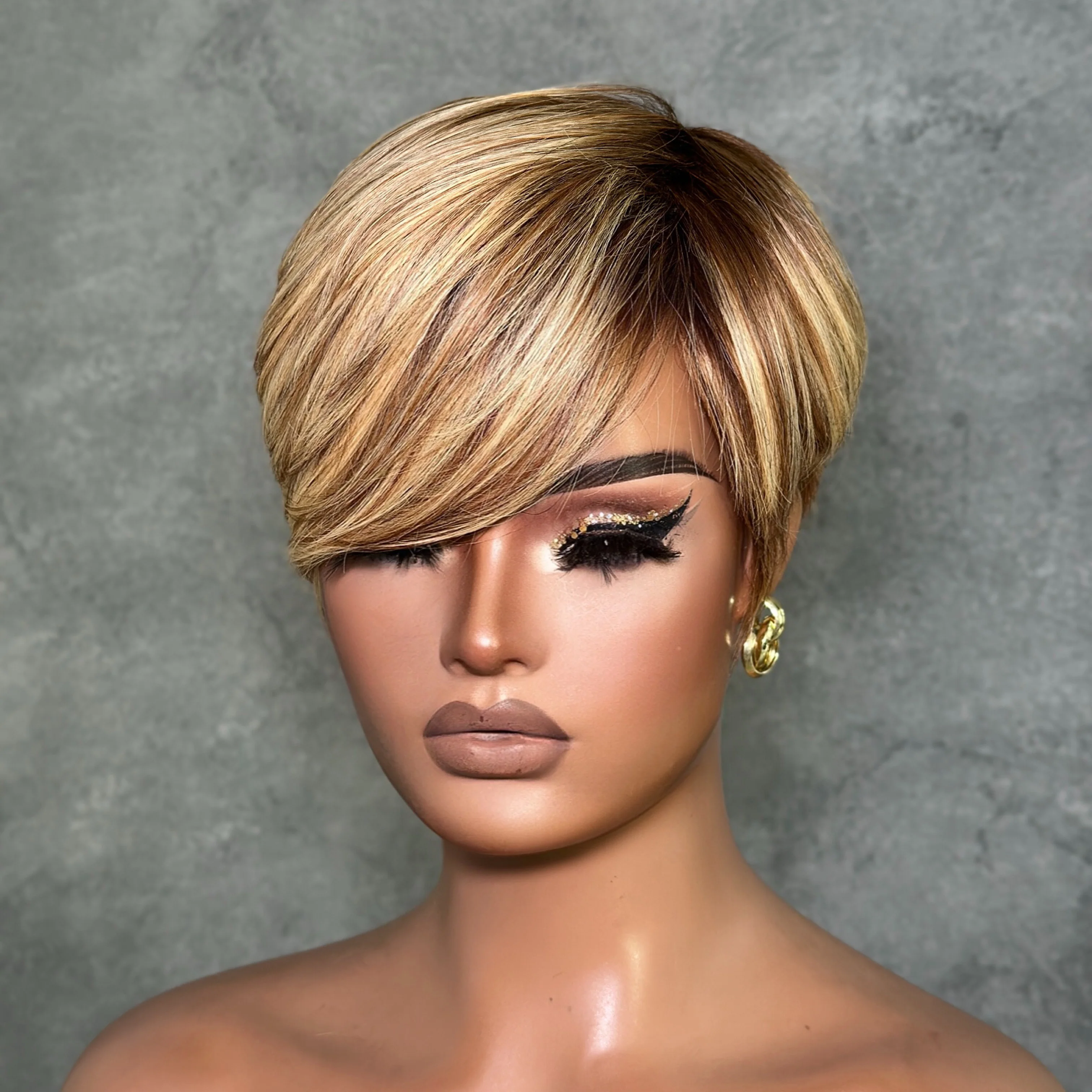 Brown With Blonde Highlight Short Pixie Cut Long Bang Glueless Wig