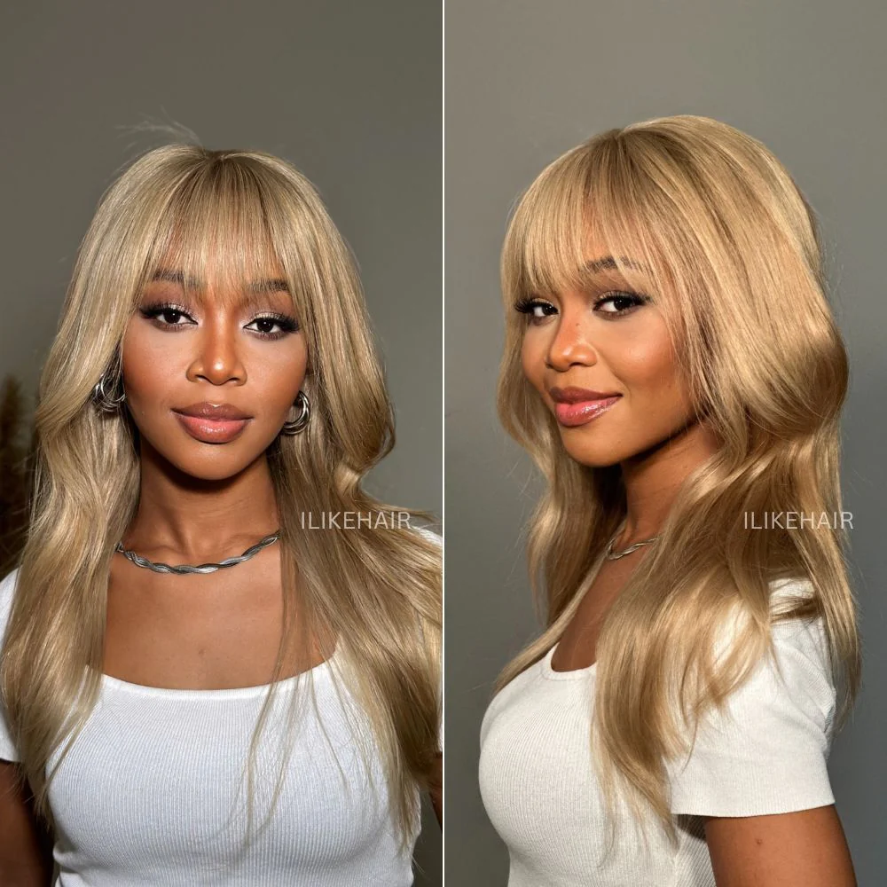 Honey Blonde Hair Wig With Bangs Glueless 13x4 Frontal Lace Wig 100% Human Hair