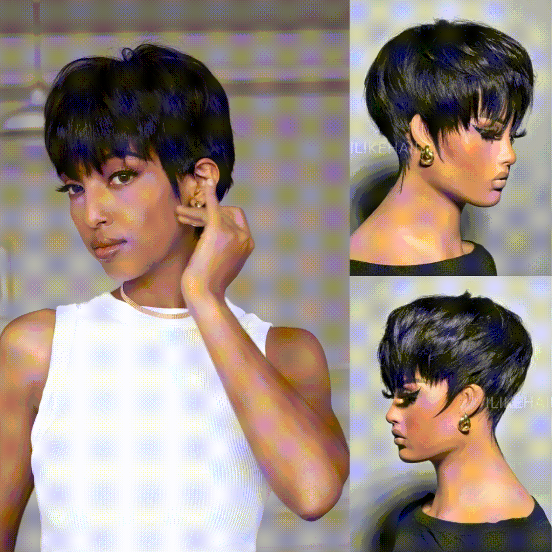 Put on & Go Layered Short Pixie Cut Human Hair Wig With Bang