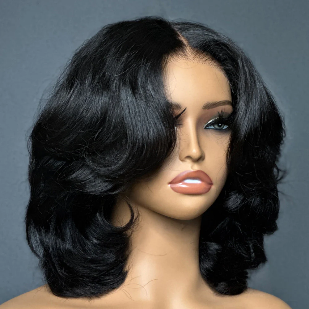 Put on & Go Layered Bob Short Wavy Glueless Human Hair Lace Wig