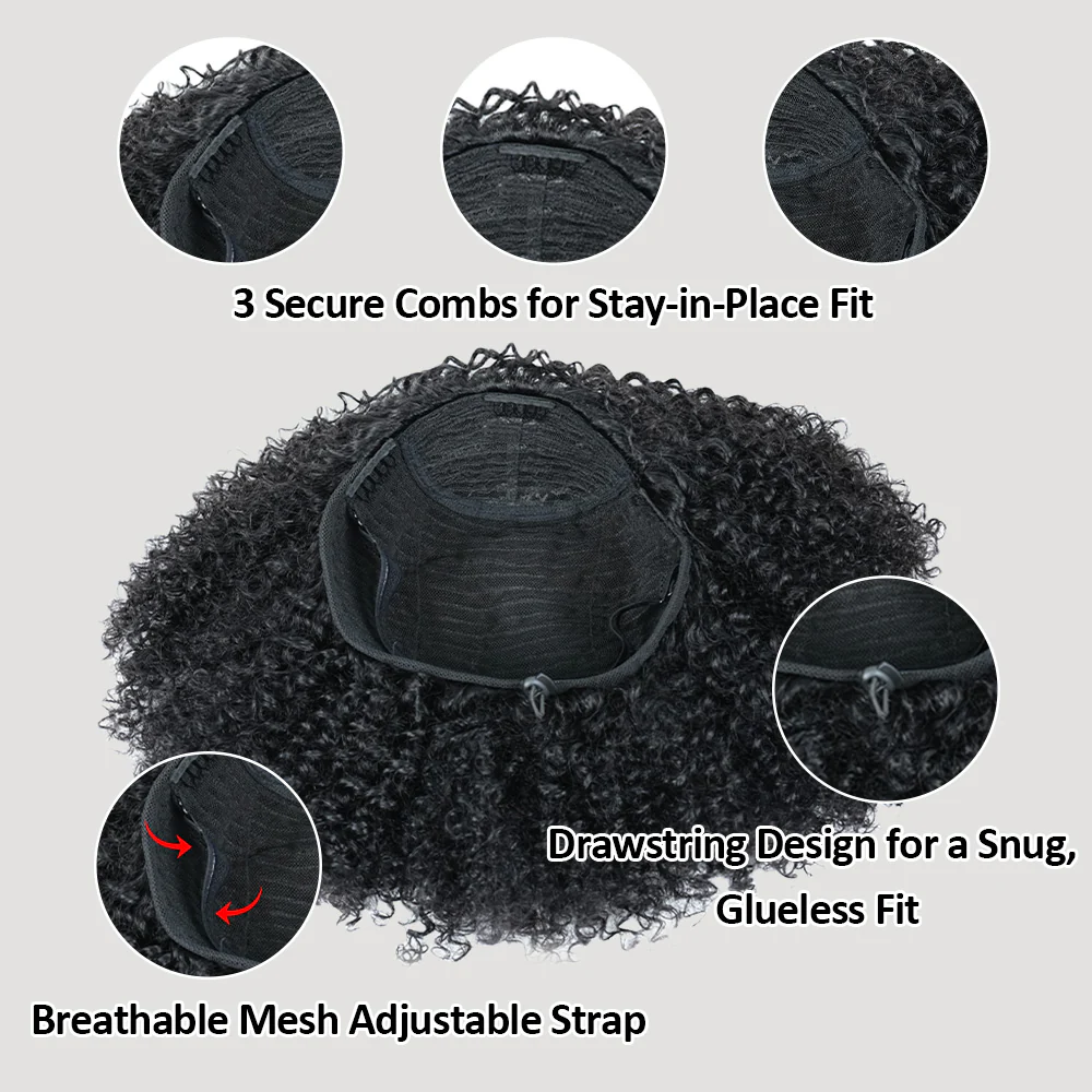 Kinky Curly Flexible Fit Half Wig With Drawstring Natural Hairline Beginner Friendly