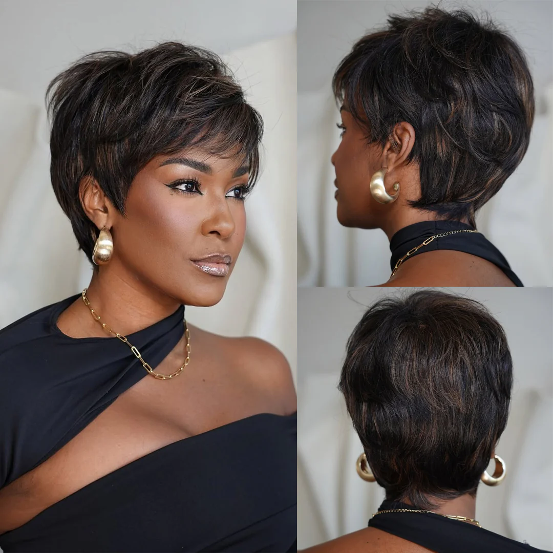 Put On & Go Brown Highlight Layered Pixie Cut Wig With Bangs