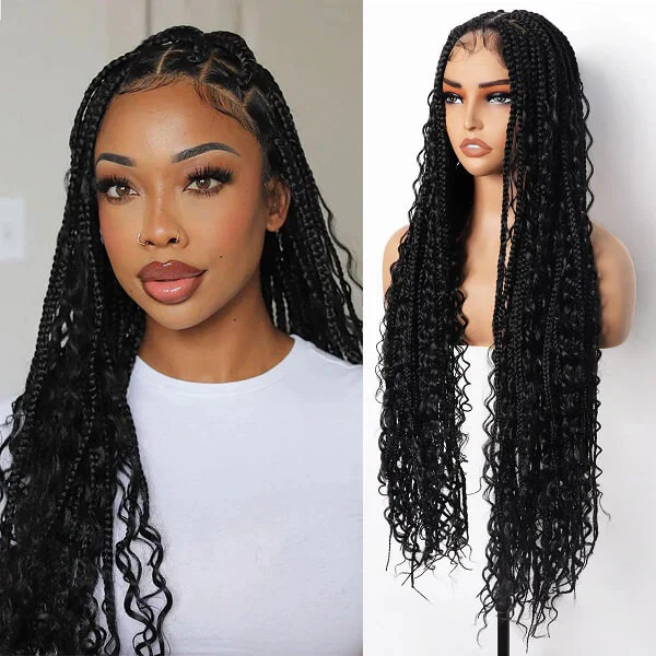 Full Lace Knotless Boho Curls Braided Invisi Drawstring Wig