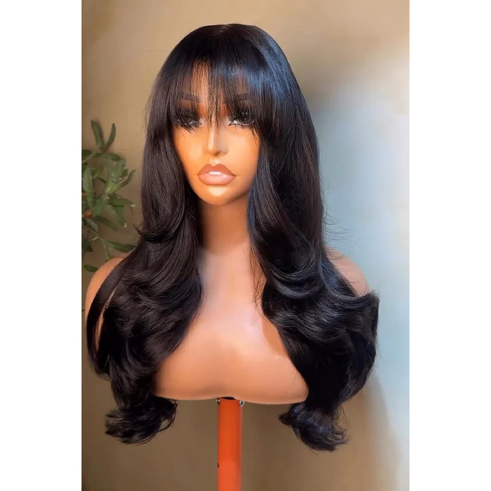 Put on & Go Layered Wavy With Bangs 4x4 Lace Closure Wig