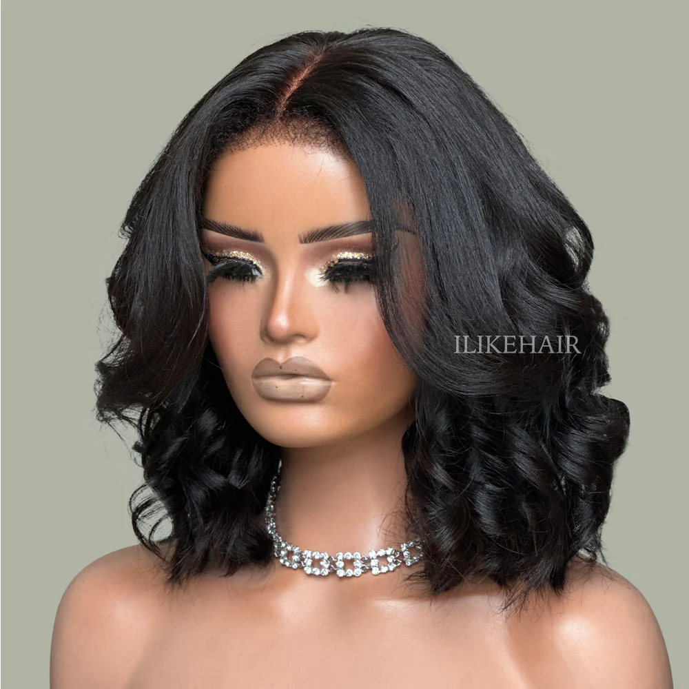 Put on & Go Yaki Wavy Bob  5x5 Pre-cut Lace With Kinky Edges  Wig