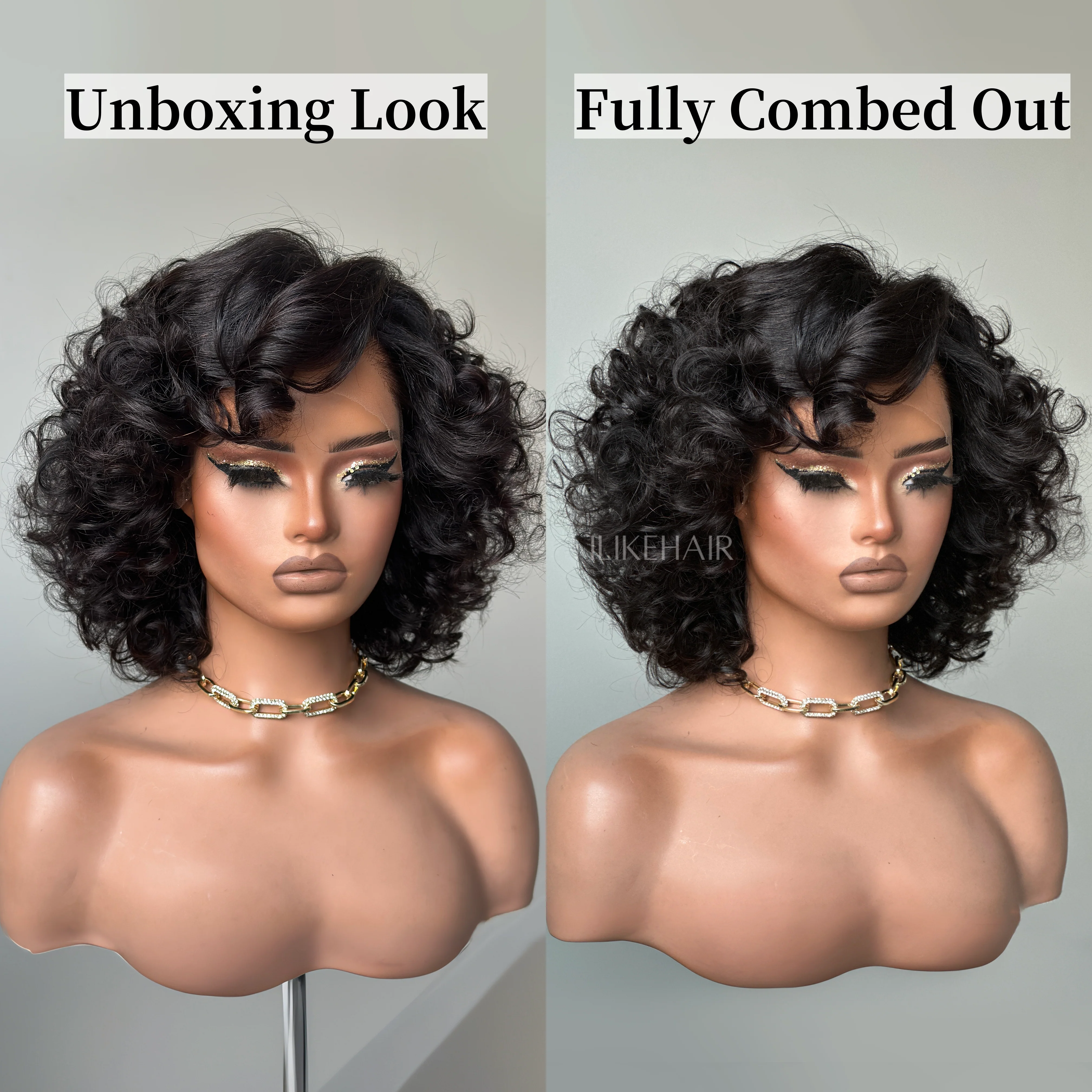 Side Part Fluffy Rose Curly Bob Lace Human Hair Wig