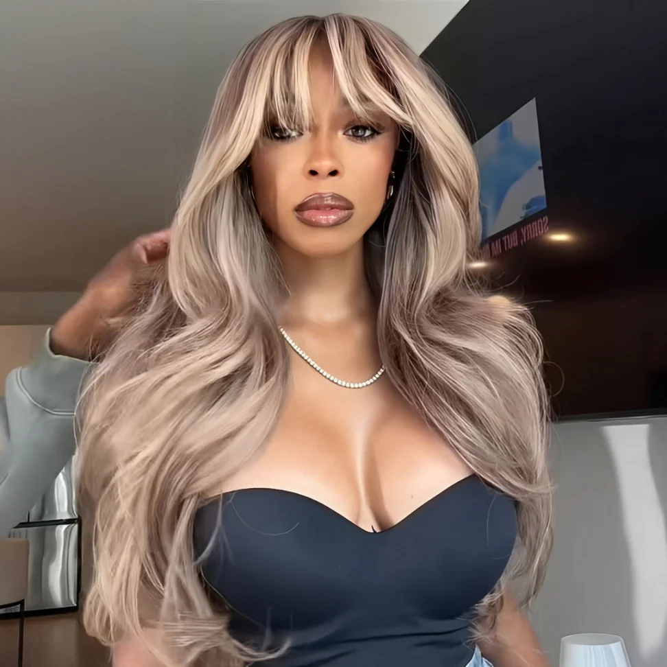 Ombre Ash Blonde With Brown Highlights Layered Cut Wavy Wig With Bang