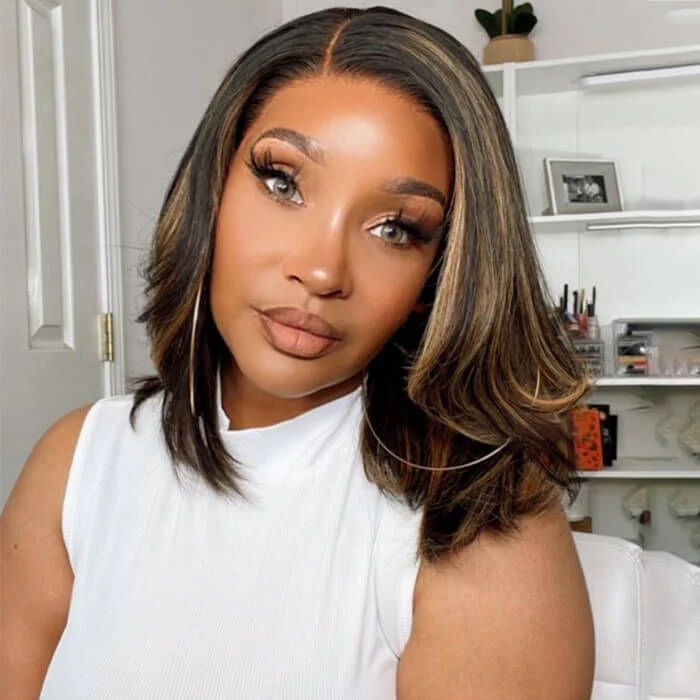 Golden Blonde Highlight Side Part Long Bob Lace Front Wig