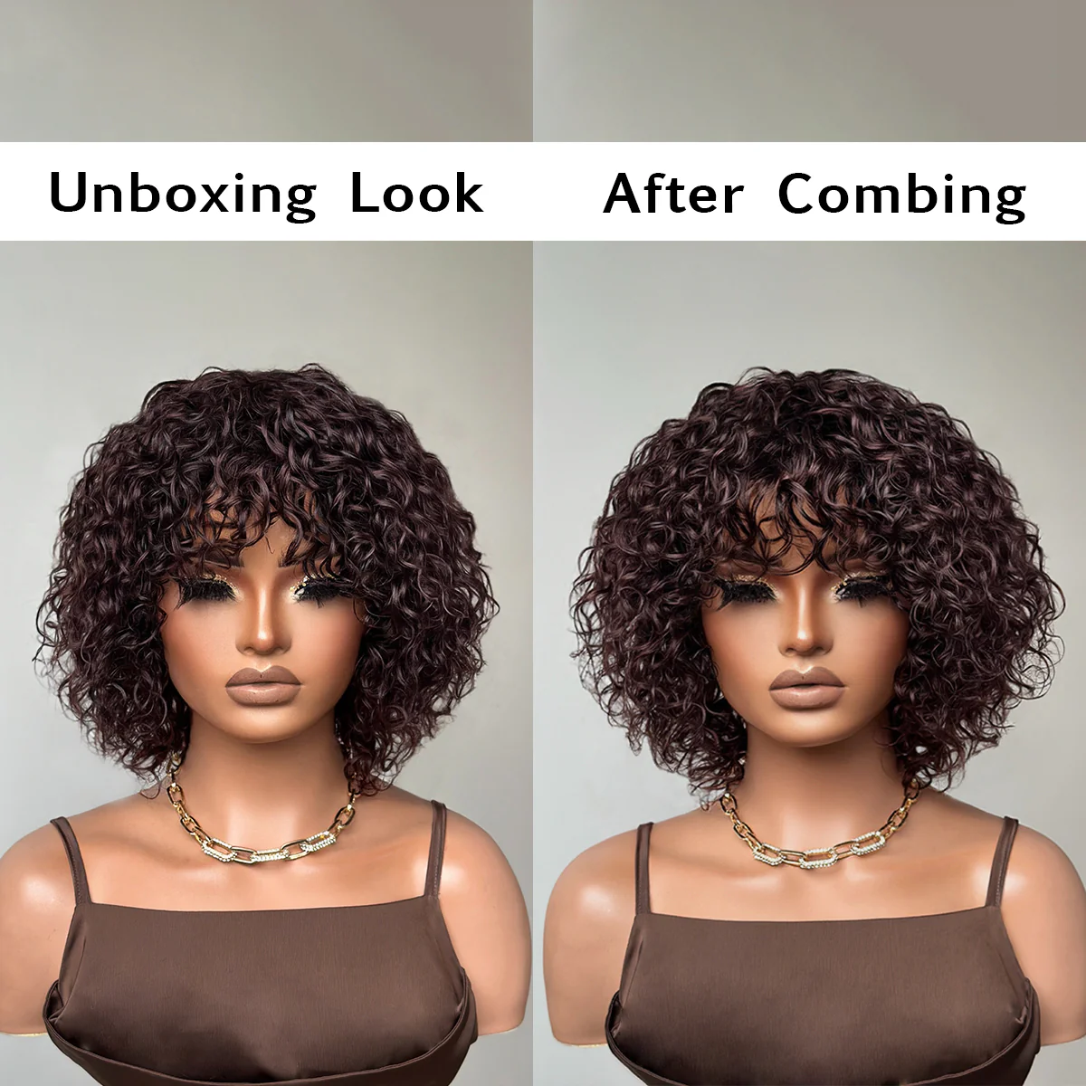 Put On & Go Dark Brown Curly Bob Wig With Bangs