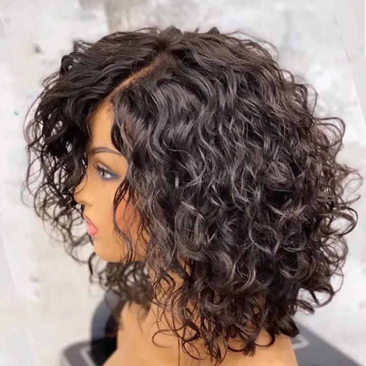 Short Curly Natural Black Human Hair Bob Frontal Lace Wig