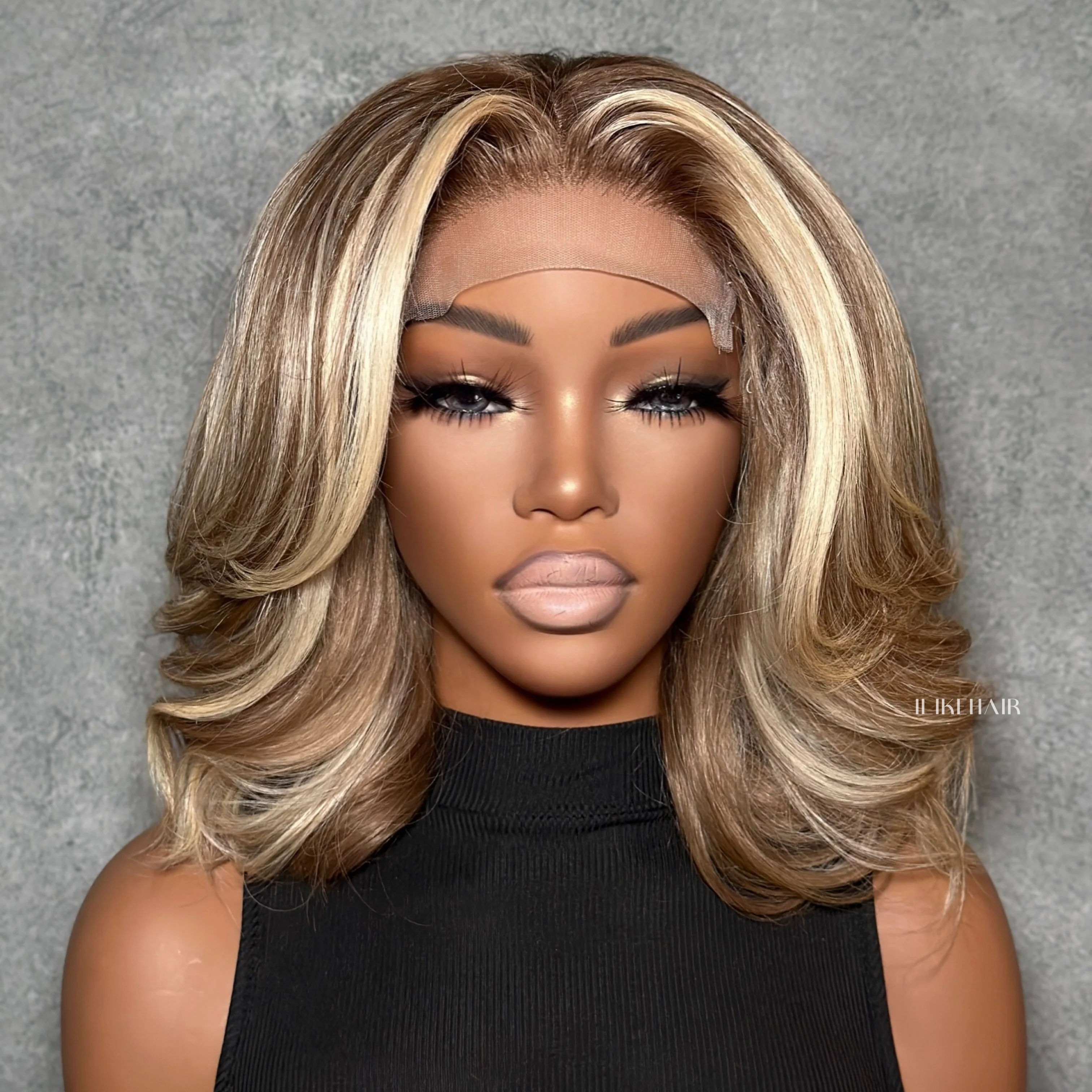 Ombre 613 Blonde With Brown Highlights Layered Wavy Bob Lace Closure Wig