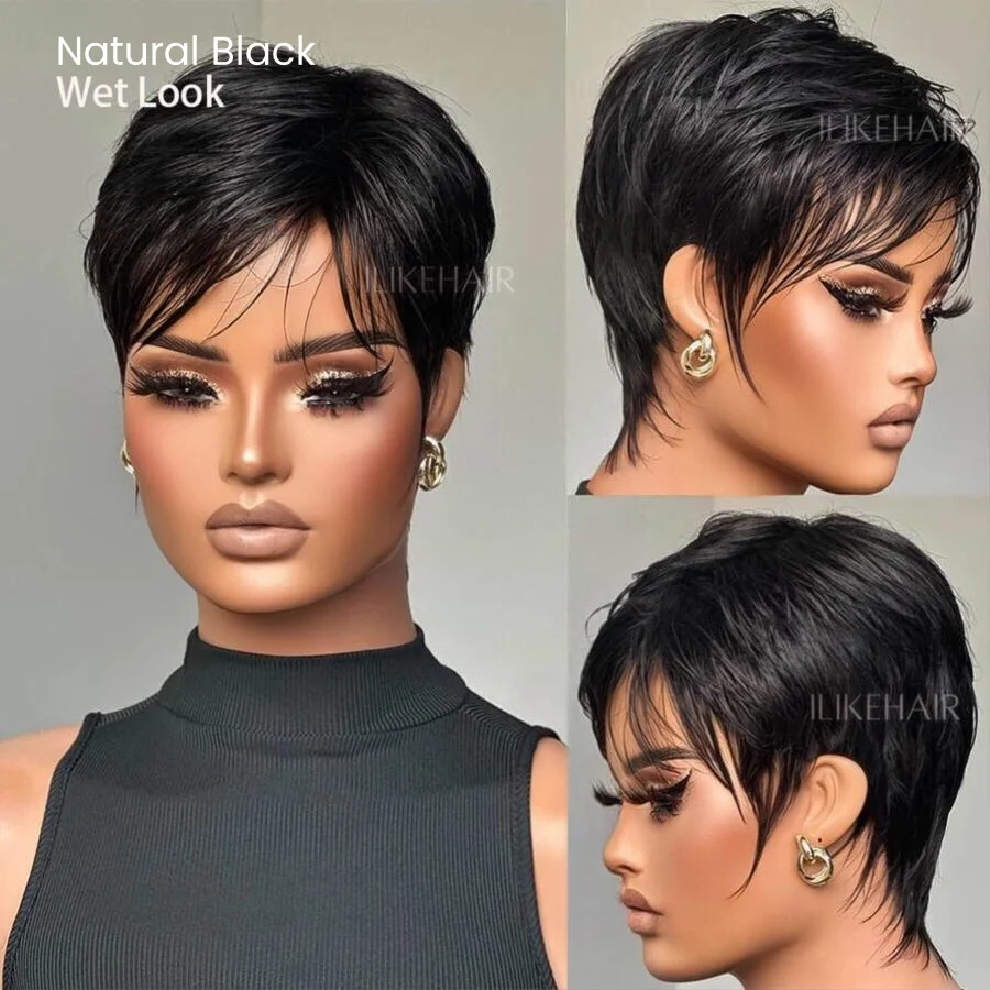 Put on & Go Layered Short Pixie Cut Human Hair Wig With Bang