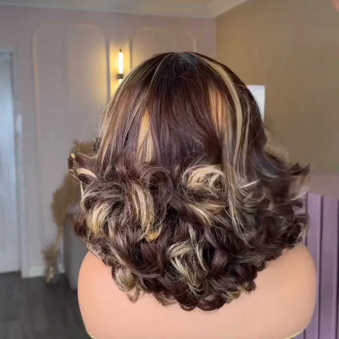 Honey Blonde Highlight With Brown Layered Blowout Wave Lace Wig