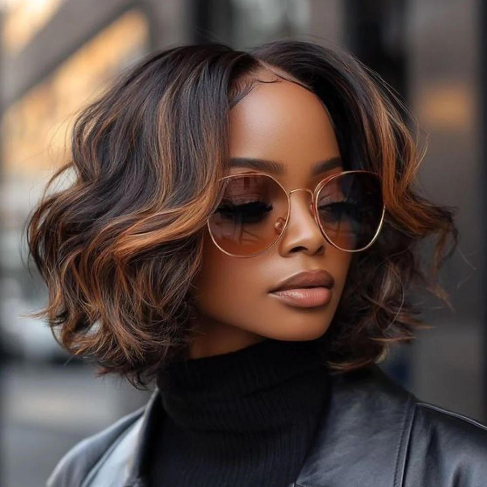 Mix Brown Highlights Layered Cut Wavy Bob Lace Wig