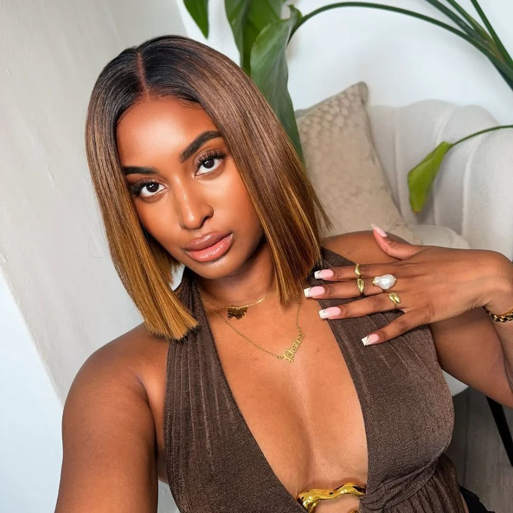 Ombre Brown With Honey Blonde Highlights Adjustable Cap Virgin Hair Bob HD Lace Wig