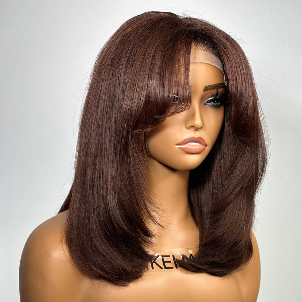 Chocolate Brown Layered Cut With Curtain Bangs Lace Closure Wig