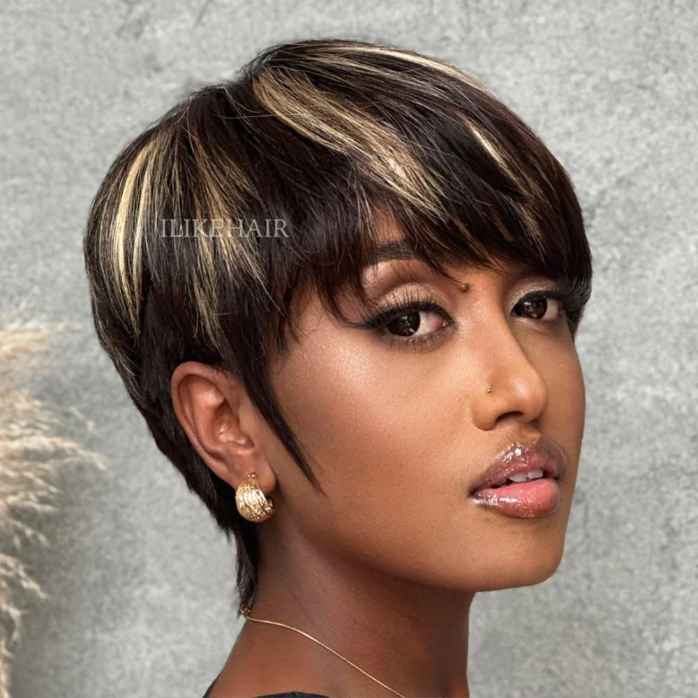 Put On & Go Blonde Highlight Layered Pixie Cut Wig With Bangs