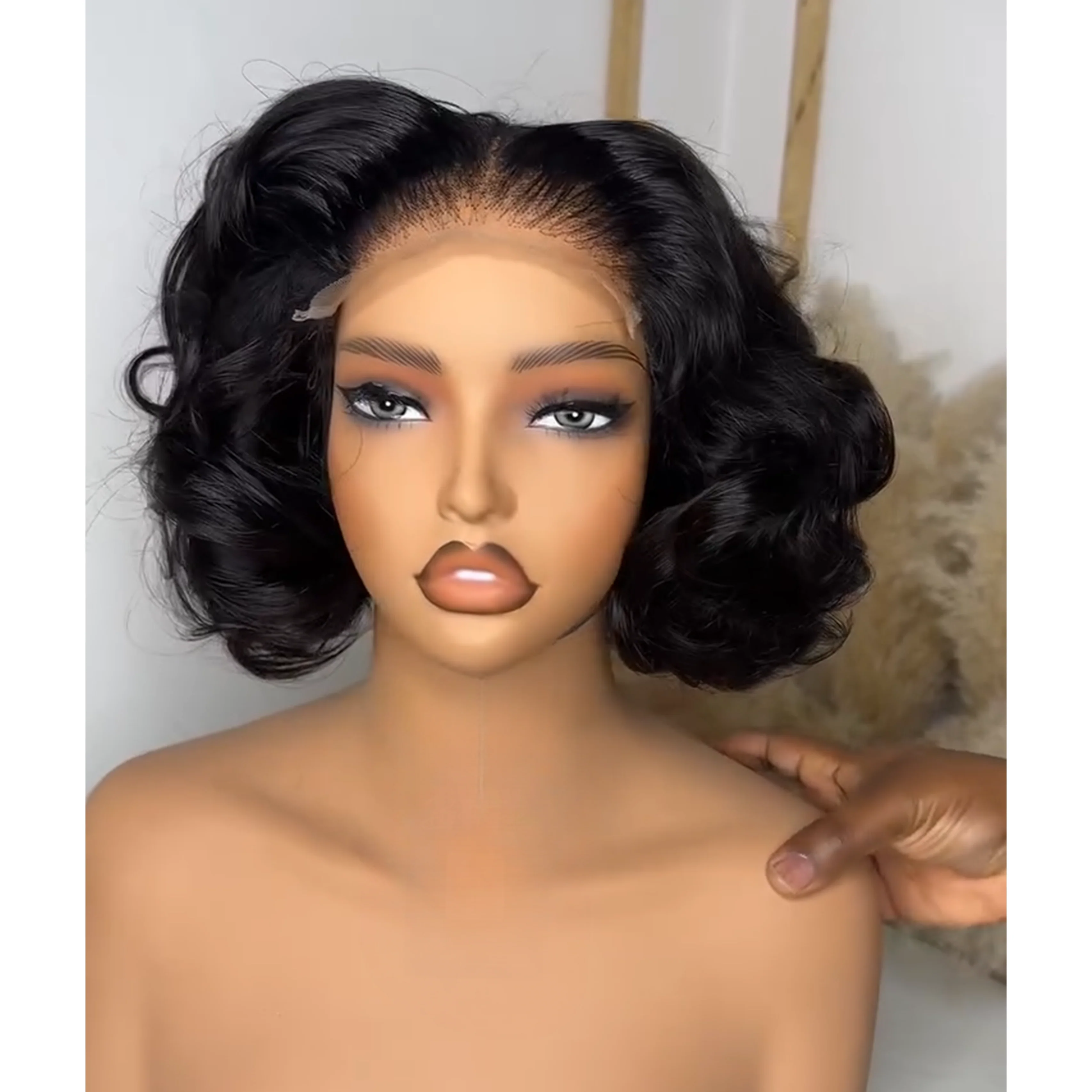 Short Bouncy Wave Natural Black Lace Closure Bob Wig