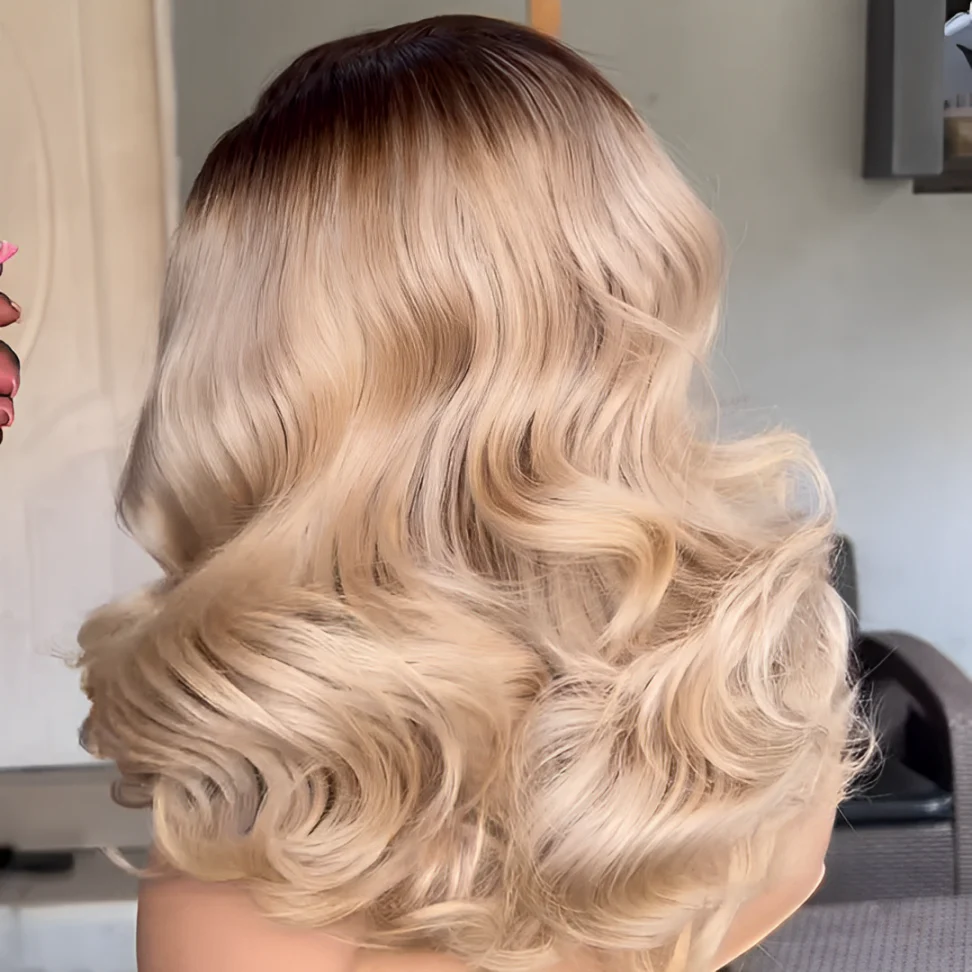 613 Blonde Body Wave Bob With Brown Root 13x4 Lace Front Wig