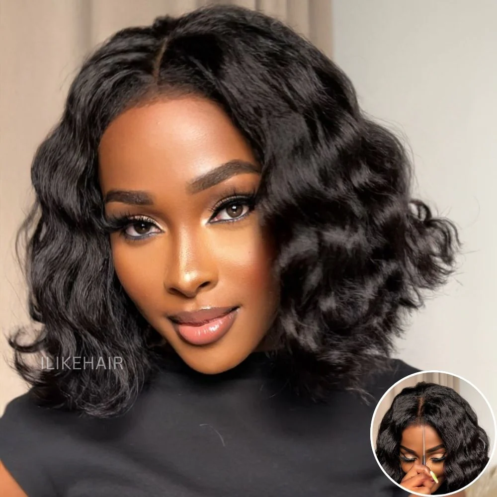 Put on & Go Short Wavy Bob Pre Cut HD Lace With Kinky Edges Wig
