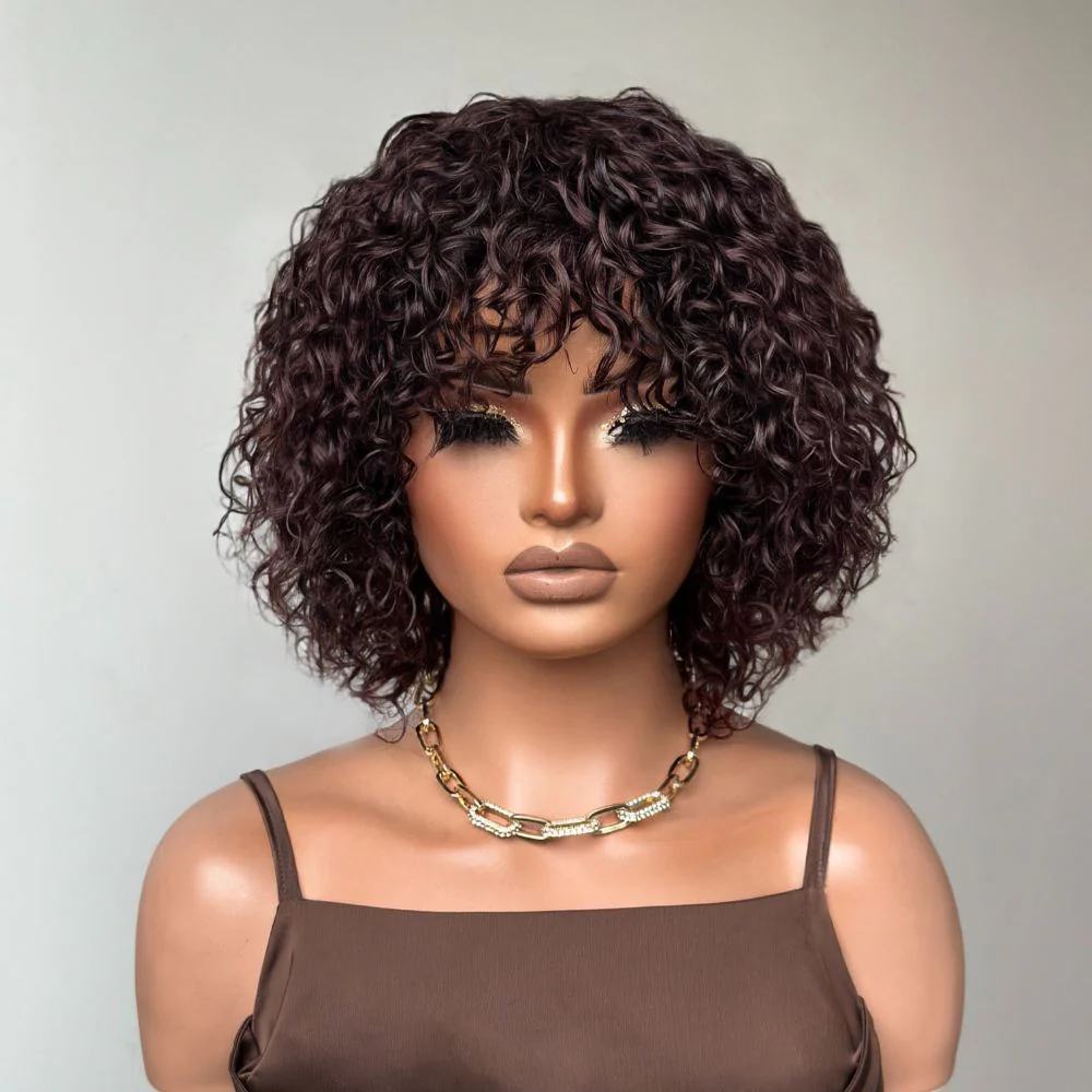 Put On & Go Dark Brown Curly Bob Wig With Bangs