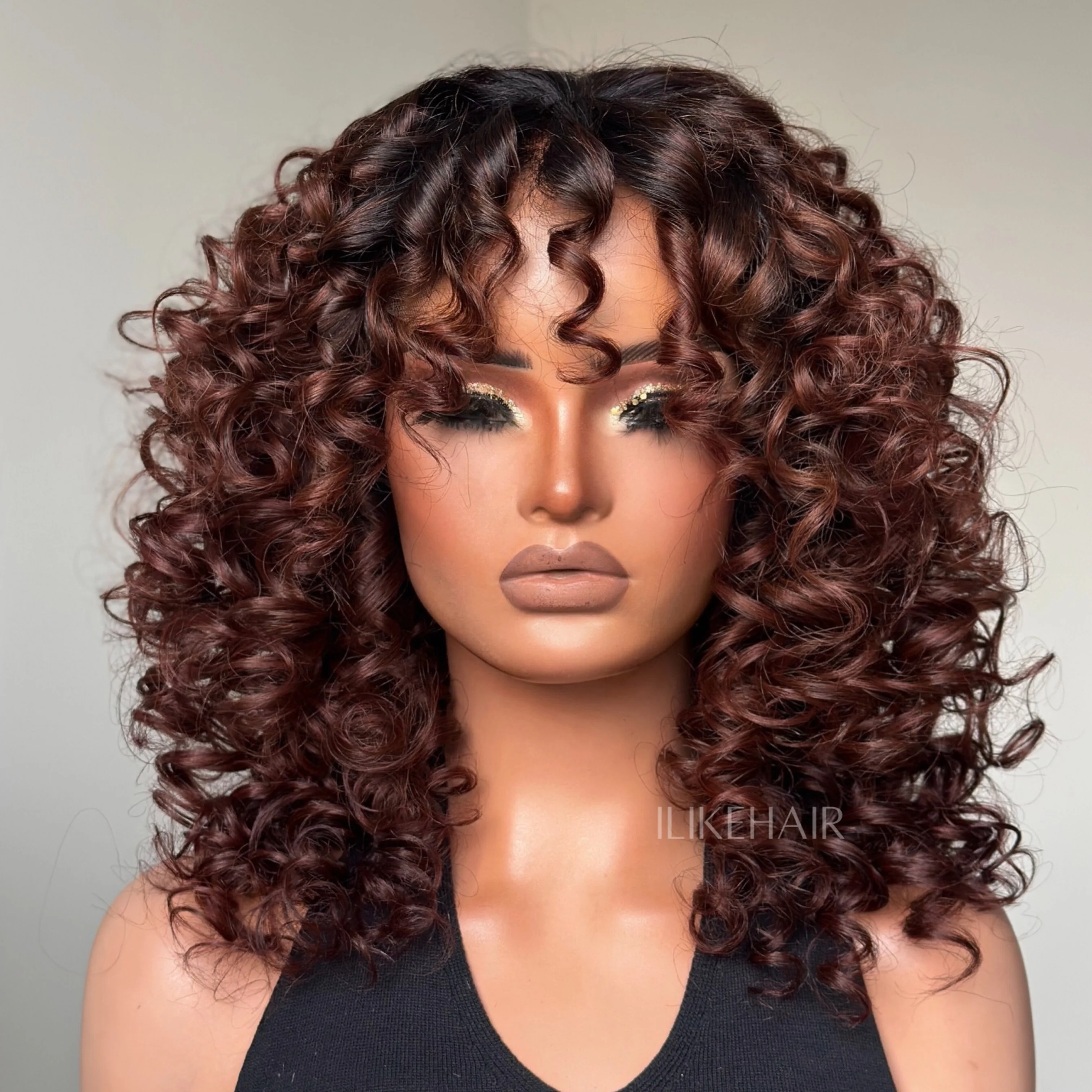 Glueless Reddish Brown With Dark Root Bouncy Curl  Lace Wig