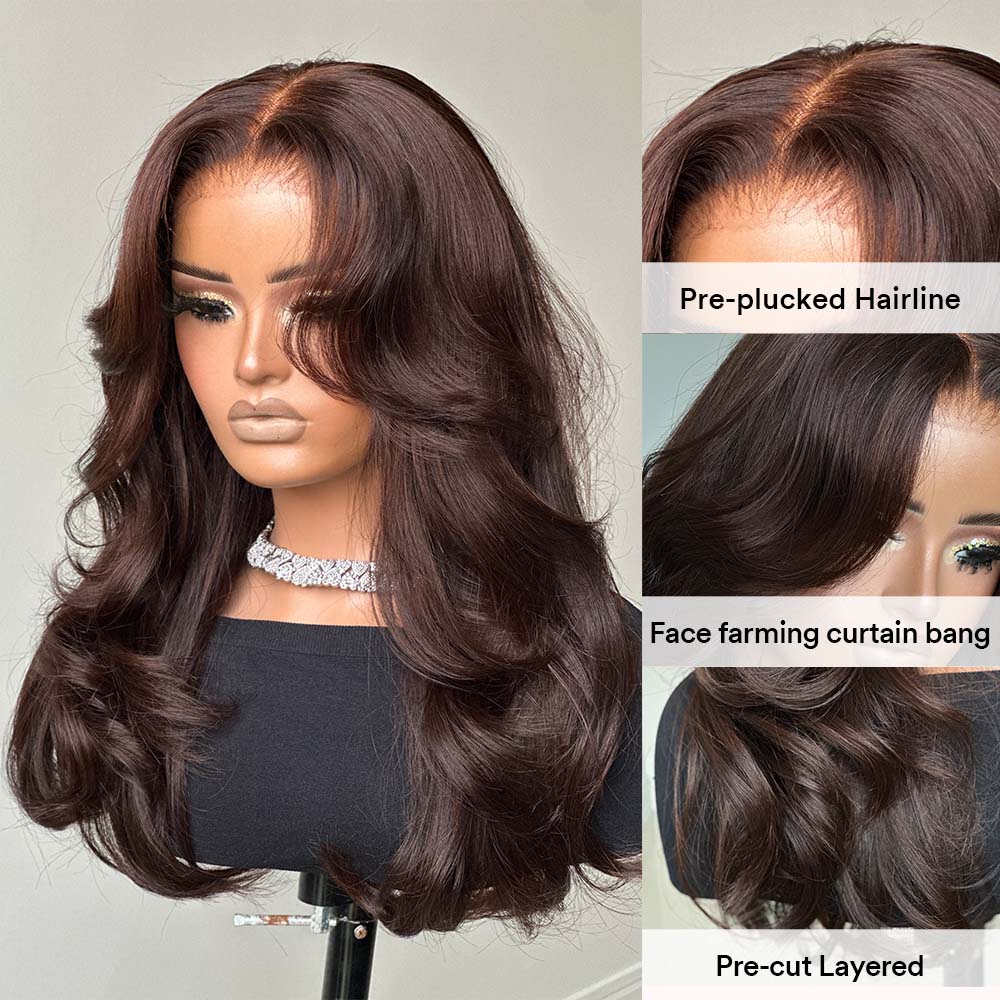 Face Framing Cocona Brown Layered Wavy With Curtain Bangs Lace Closure Wig