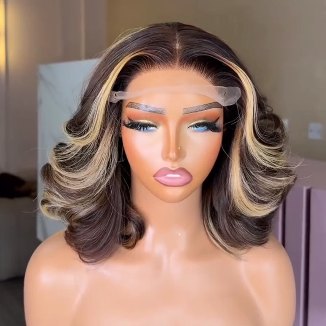 Honey Blonde Highlight With Brown Layered Blowout Wave Lace Wig