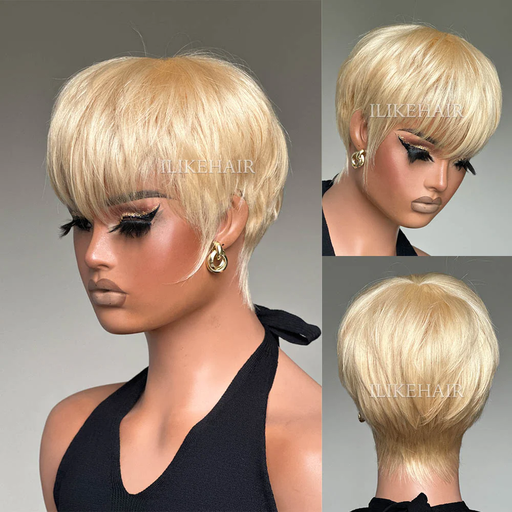 Put on & Go Layered Short Pixie Cut Human Hair Wig With Bang