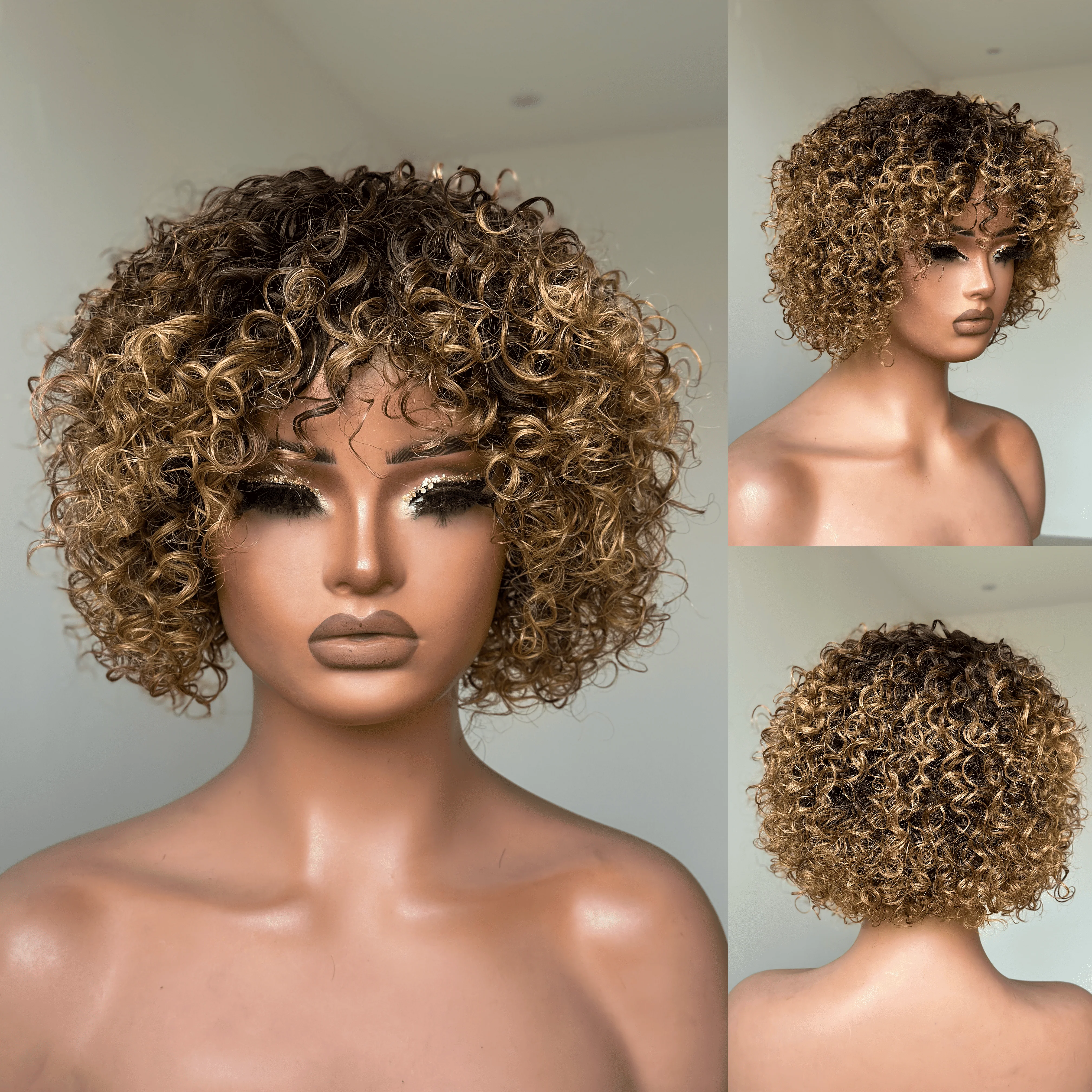 Chic Ombre Mix Color Short Cut Curly Put On & Go Wig 100% Human Hair