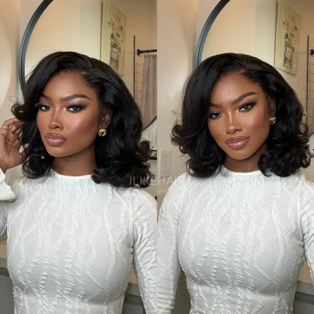 Natural Black Short Layered Wavy Bob Lace Wig