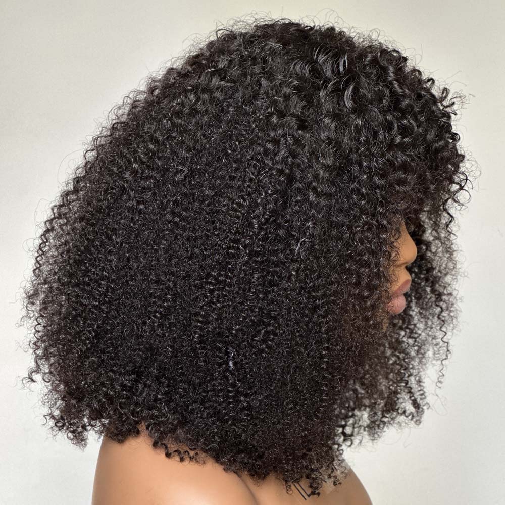 Natural Afro Kinky Curly With Bangs 5x5 Lace Closure Wig