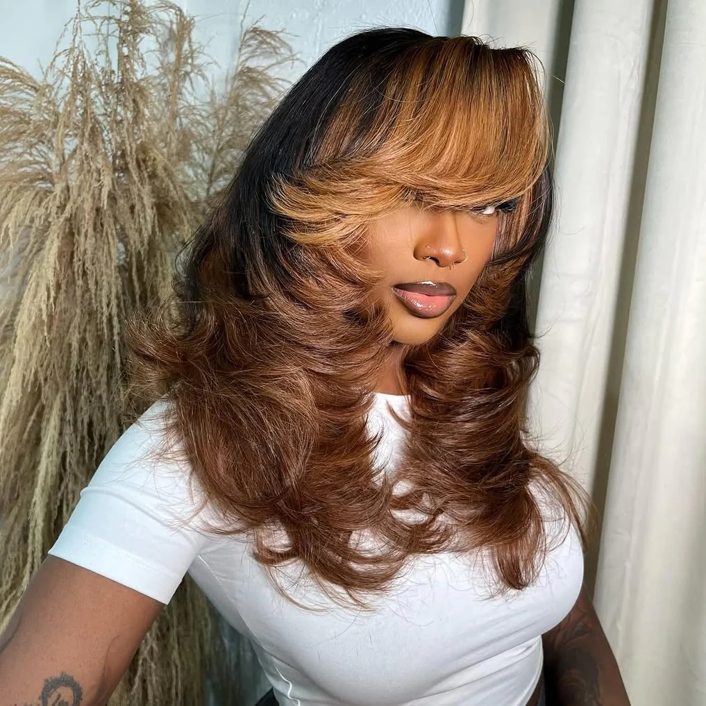 Brown Bottle Layered Cut Wig with Blonde Side Bang