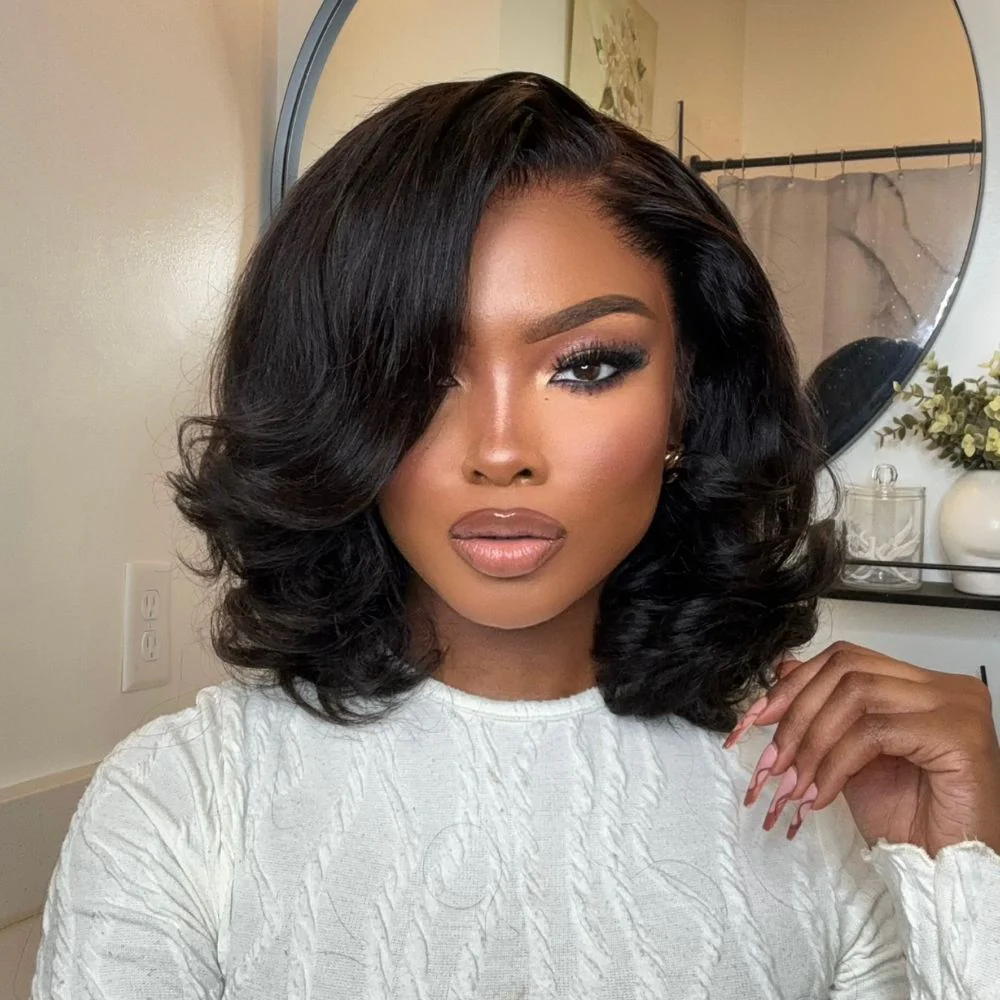 Natural Black Short Layered Wavy Bob Lace Wig