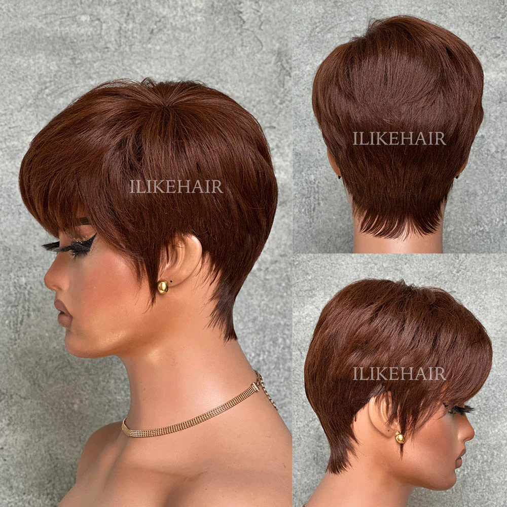 Put On & Go Brown Layered Pixie Cut Human Hair Wig With Bangs