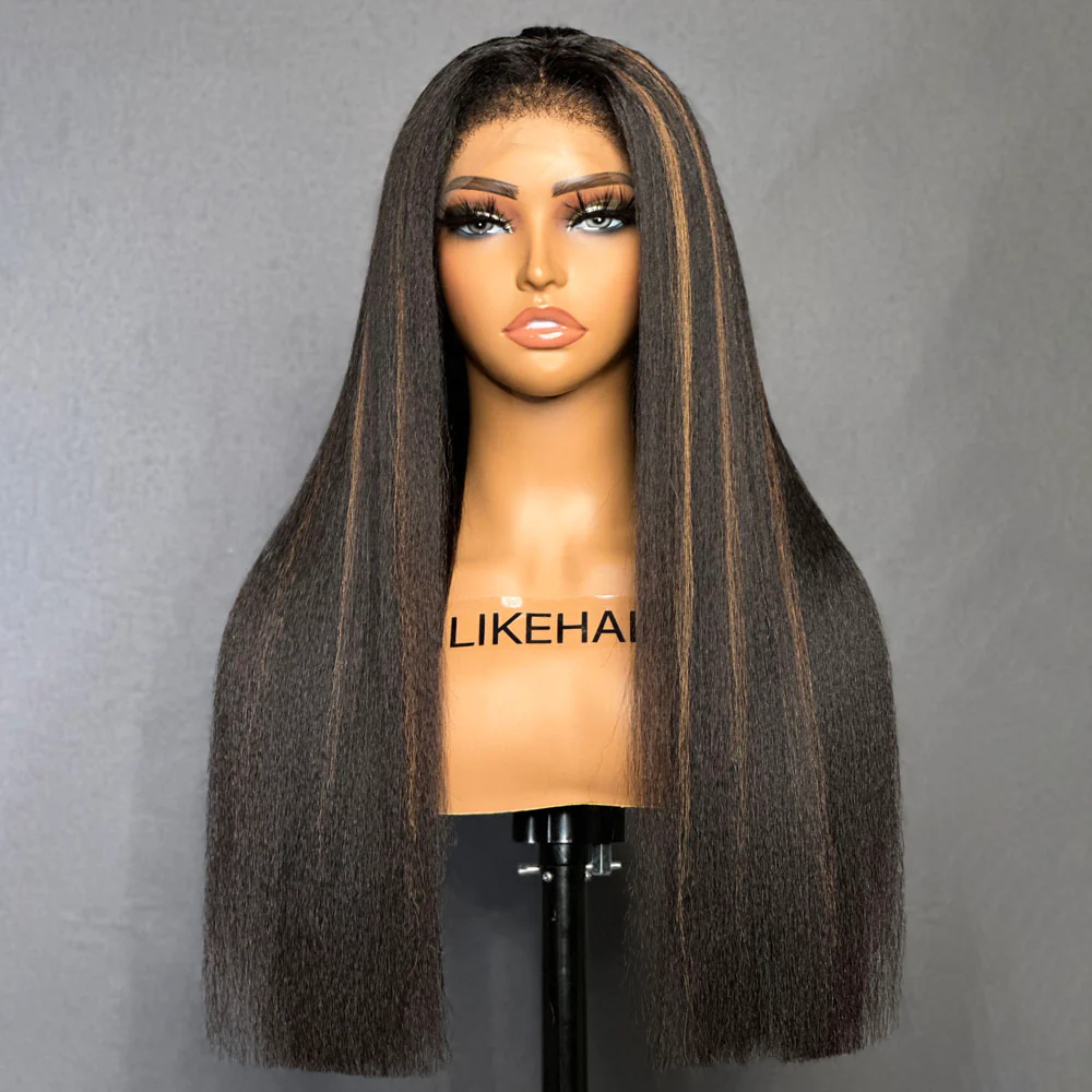 Natural Black Mix Brown Highlights Straight 13x4 HD Lace Front With Kinky Edges Wig