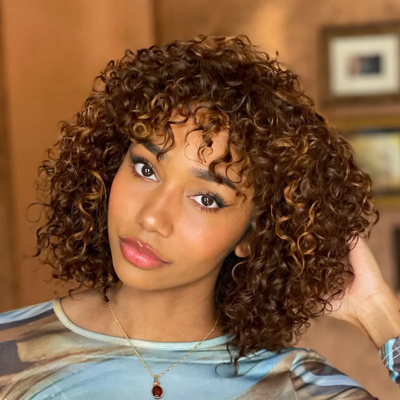 Glueless Blonde Highlight Curly Hair Wig With Bangs