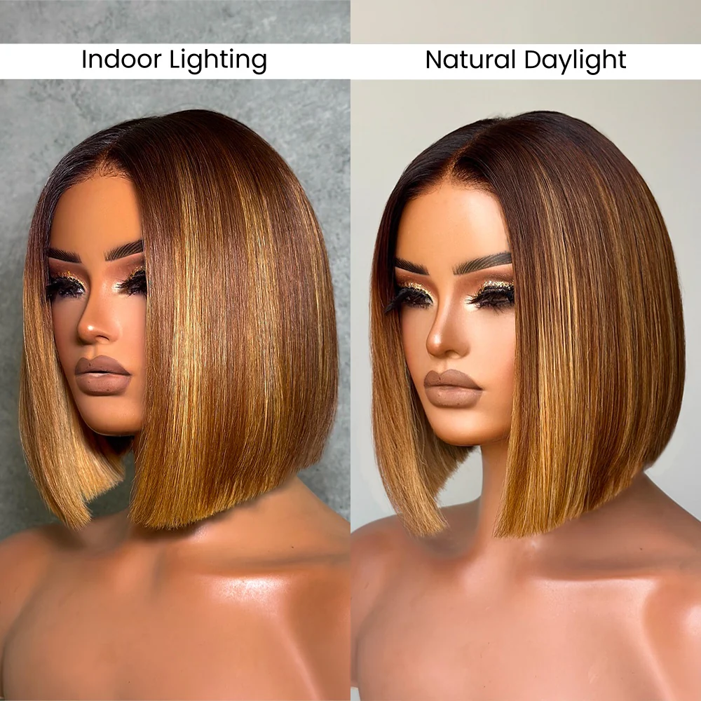 Ombre Brown With Honey Blonde Highlights Adjustable Cap Virgin Hair Bob HD Lace Wig