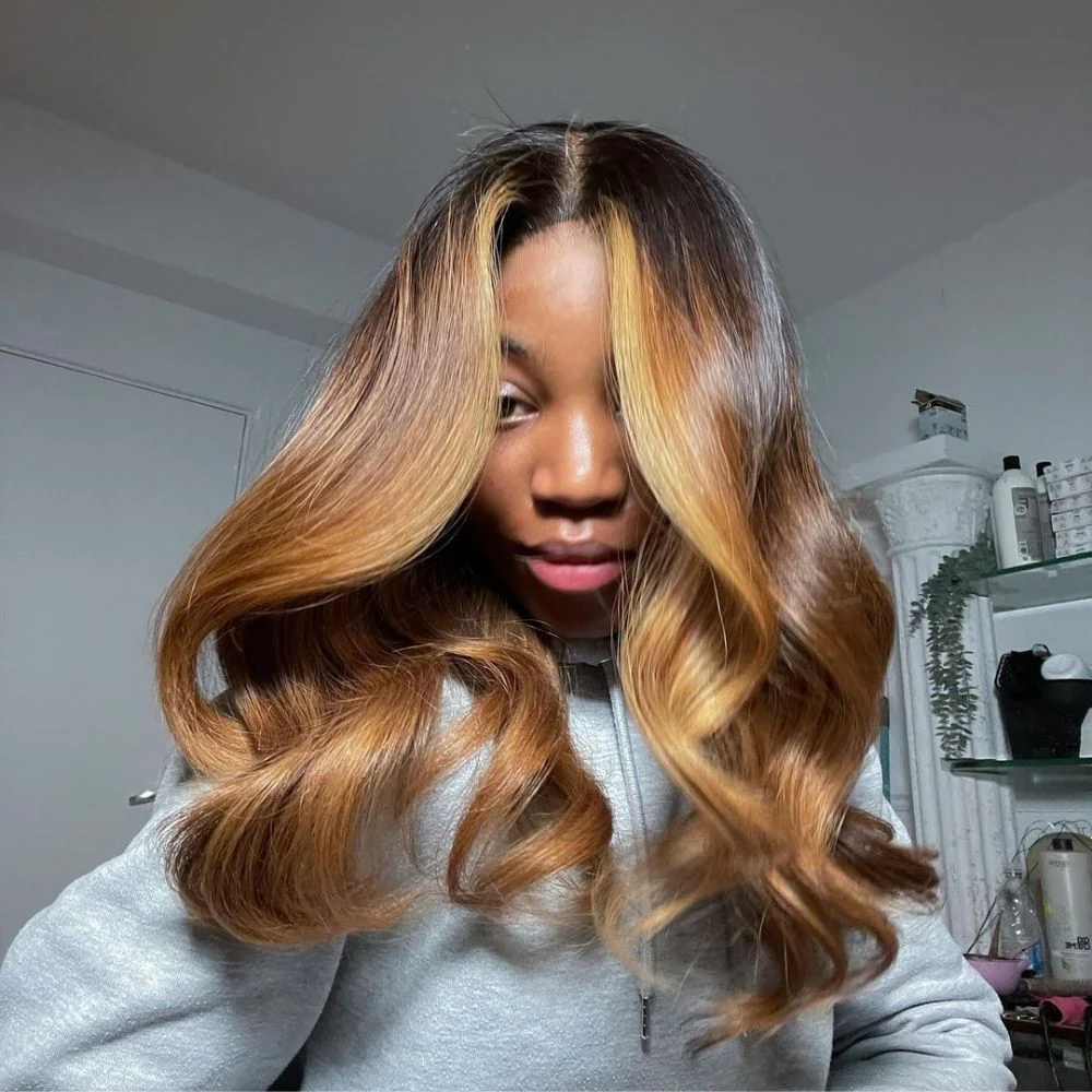 Warm Hazelnut Brown Balayage with Dark Brown Root Wavy 5x5 Lace Closure Wig