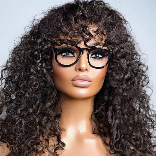 Short Loose Bouncy Curly Human Hair With Bangs Glueless Wig