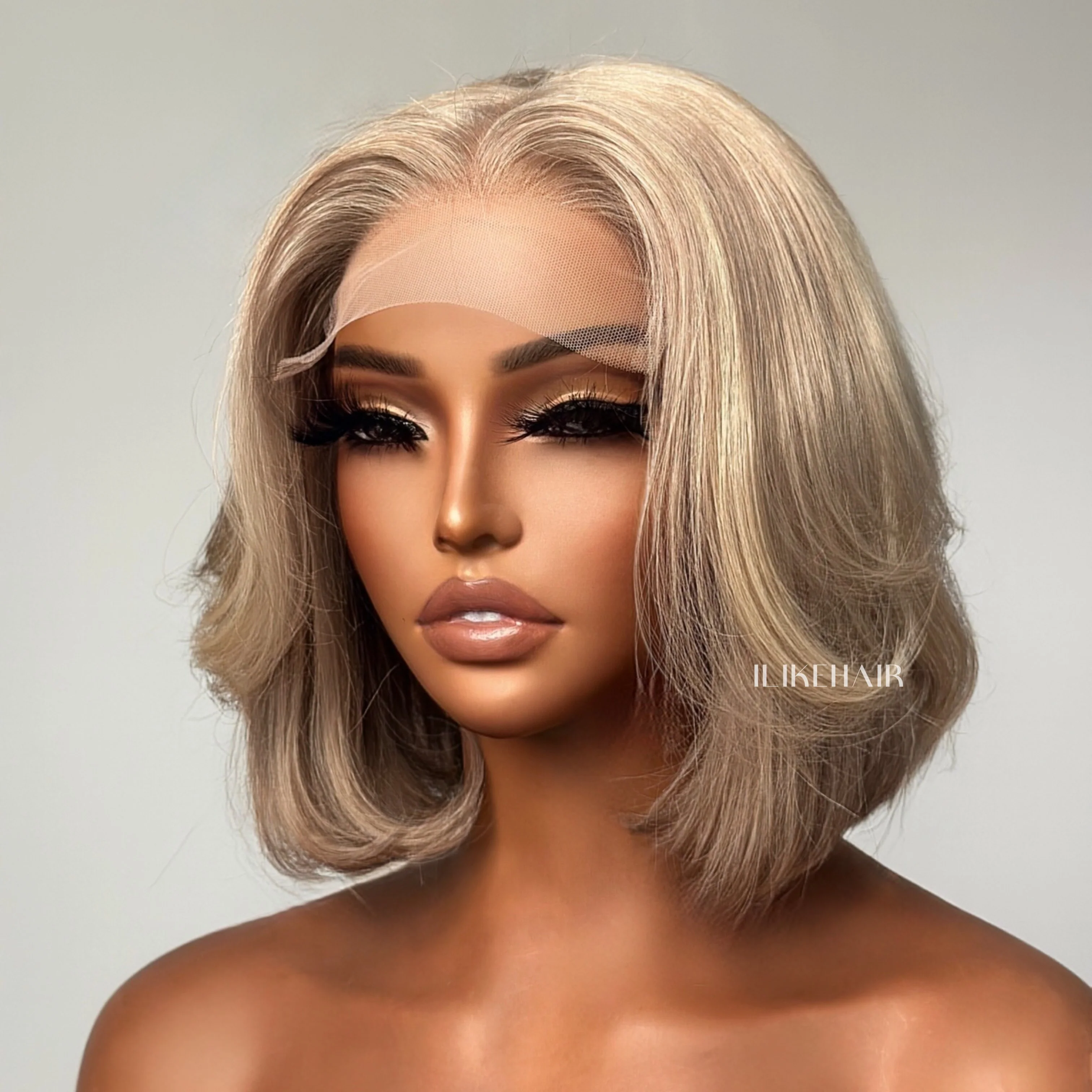 Ash Blonde Highlights Layered Bob Human Hair Lace Closure Wig