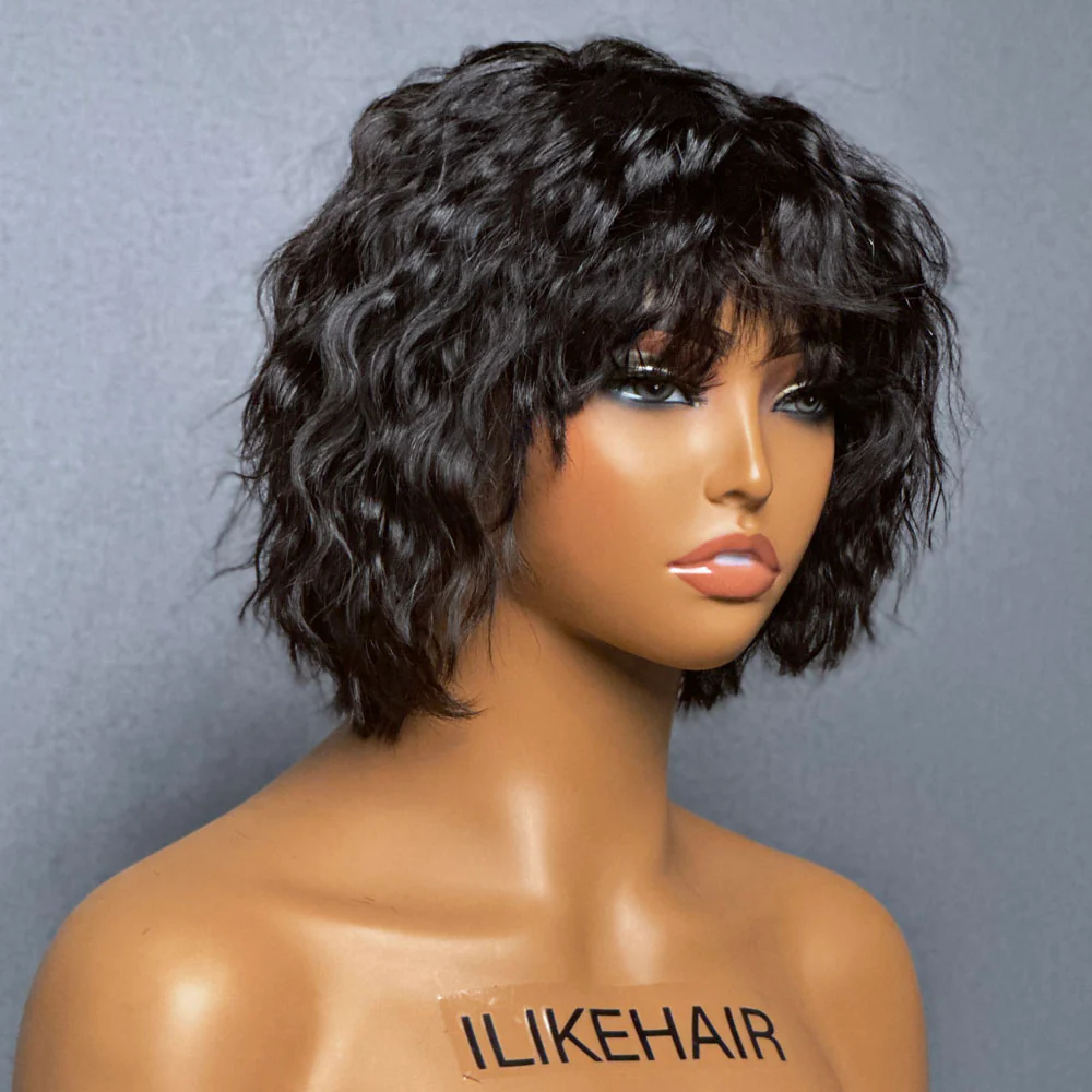 Wolf Cut Short Wavy Bob Glueless Wig With Bang
