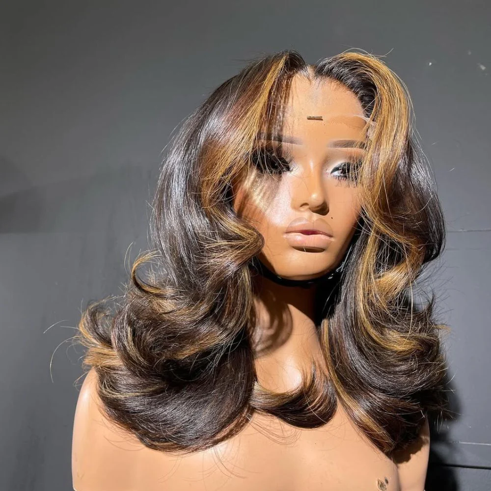 Honey Blonde Highlight Layered Cut Wavy 5x5 Lace Closure Wig