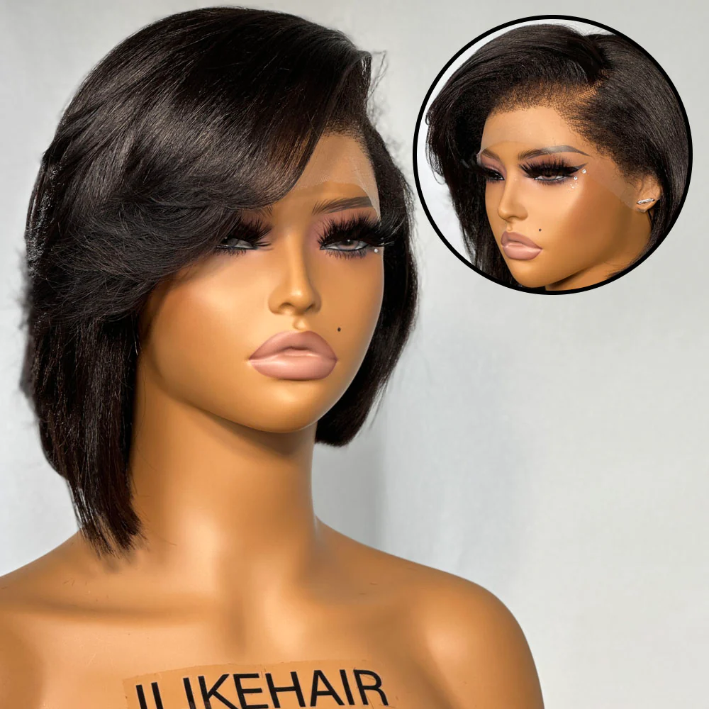 Yaki Bob 13x4 Lace Front Wig With Kinky Edges Side Layered Bangs